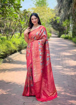 Load image into Gallery viewer, Red Or Baby Pink Softy Silk Saree with digital print and gold jari work. Includes matching blouse. Machine washable.

