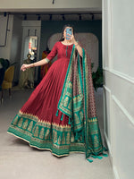 Load image into Gallery viewer, Red Color Tussar Silk Anarkali Print with Foil Printed Work Price and Online Shopping Price Under 1500 . Red Color Anarkali Wedding Collection best price and Cotton lining Micro Cotton (full upto bottom) side and Traditional Look For 2024-25 , 2025-26 . 
