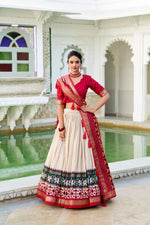Load image into Gallery viewer, Red Color With Cream Tussar Silk Dhavani Set, Langa Voni and Half-Sarees With Price and Online Shopping Price Under 2000 . Enhance your traditional wardrobe with this Tussar Silk Lehenga Set. Adorned with Patola Print With foil work, it comes with a cotton-lined lehenga, blouse, and tassel-accented dupatta . 
