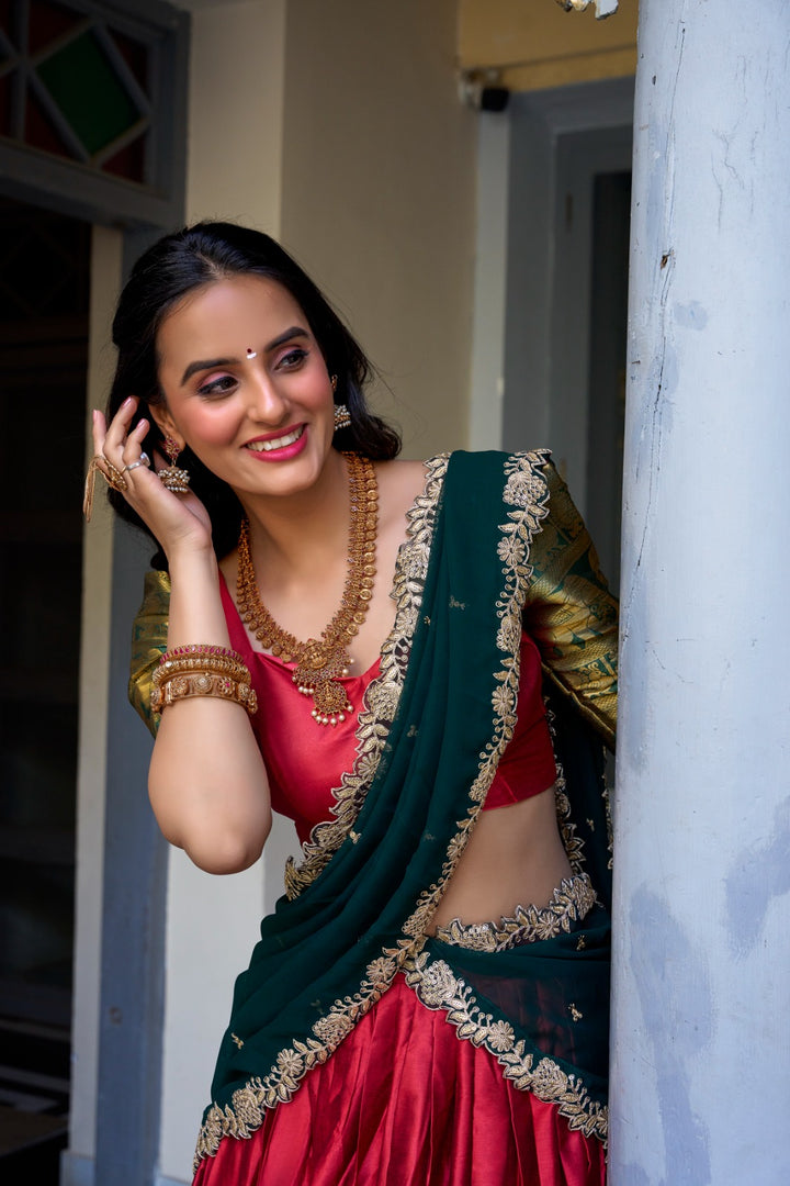 Red color saree with silk blouse , Stylish red pattu lehenga , Zari work red saree for occasion , Red ethnic bridal outfit , Latest designer red lehenga set . 