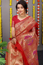 Load image into Gallery viewer, Red Color WIth Zari Weaving Work Soft Silk Sarees With Price and Online Shopping Price Under 2000 . This Fabric Pure Red SOft Silk Saree WIth Zari Weaving Work and Rich Pallu . 
