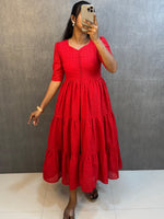 Load image into Gallery viewer, Partywear red mini gown in premium cotton Hakoba fabric , Red cotton Hakoba frock style gown with flared silhouette , Red Hakoba flared gown with rope for adjustable fitting , Trendy red mini dress with handcrafted Hakoba . 
