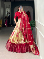 Load image into Gallery viewer, Red Dola Silk Davani Set , Half-Saree and Dhavani Set with Price and Online Shopping Price Under 1500 . this Fabric Celebrate tradition with a stunning Red  Dhavani Set in Dola Silk. Lightweight, breathable, and stylish, this half saree brings comfort and elegance together for every festive occasion .
