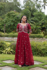 Load image into Gallery viewer, Red Color Faux Blooming Gown With Price and Best Night Party Online Shopping Price Under 1500 . this Fabric So Elegant Design and Embroidery Work and SO Fabric Faux Blooming with Embroidery Zari Sequins Working on The and Pure Red Color Faux Blooming Traditional fabric Model Using 2024-25 . 
