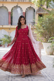 Red Color Faux Blooming Anarkali With Price and Online Shopping Price Under 2000 . Step into elegance with this Tabby Silk and Dupatta set. Featuring intricate sequins embroidery, a padded design, and four rich shade Red  color . traditional look for 2024-25 , 2025-26 . 