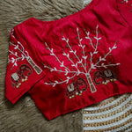 Load image into Gallery viewer, Red Haka Silk Stitched Blouse With Price and Online Shopping Price Under 1500 . This Fabric Red Color Haka Silk Stitched Blouse trees Embroidery work and Elephant Design and Sleeve 10 Inch and Height !5 Inch and Traditional Wear And Wedding Wear Collection , Traditional Look 2025-26 . 
