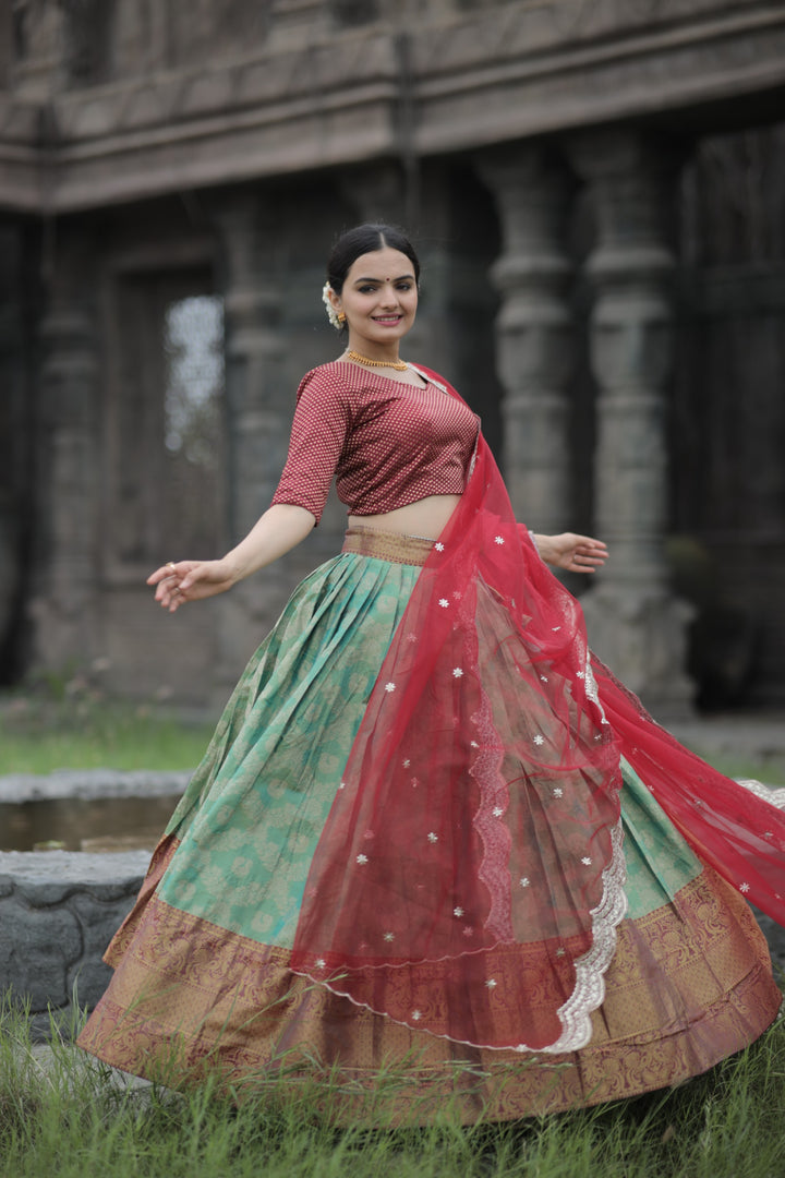 Fenuka Kanjivaram Pattu Silk Red Dhavani / Half Saree | Shoppers Trend