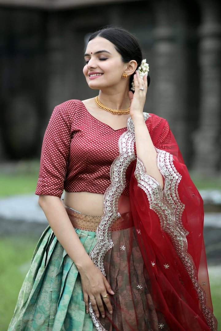 Fenuka Kanjivaram Pattu Silk Red Dhavani / Half Saree | Shoppers Trend