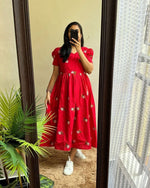 Load image into Gallery viewer, Red Maska Cotton Dress With Price and Online Shopping Price Under 1000 . this Maska Cotton Flower Print Dress. Designed with short sleeves, complete lining, and sizes up to XXXL, it’s perfect for everyday comfort and chic style.
