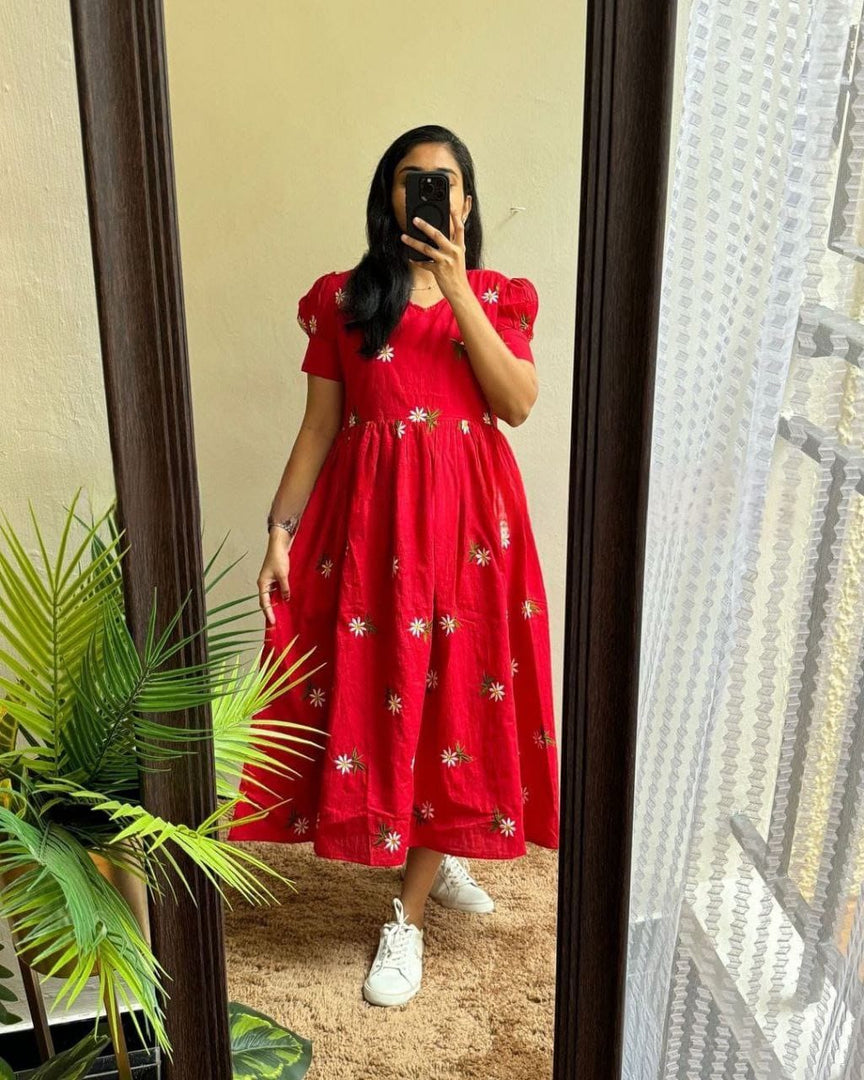 Red Maska Cotton Dress With Price and Online Shopping Price Under 1000 . this Maska Cotton Flower Print Dress. Designed with short sleeves, complete lining, and sizes up to XXXL, it’s perfect for everyday comfort and chic style.