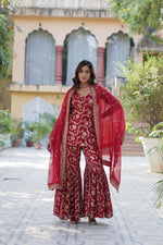 Load image into Gallery viewer, Red Color Kurti Viscose Georgette Jacquard Price , Maroon Gharara Set for Weddings , Elegant Maroon Kurti with Gharara , Festive Maroon Outfit for Women ,  Traditional Maroon Suit with Dupatta , Maroon Designer Ethnic Wear . 
