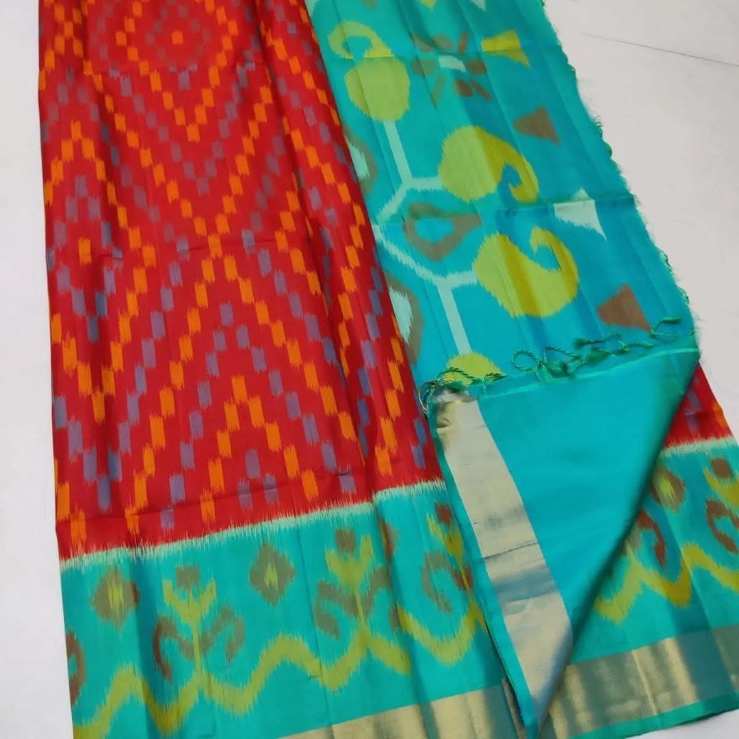 Red Ikkat Handloom Silk Saree , Bridal Red Soft Silk Saree , Red Digital Print Saree for Wedding , Red Traditional Ikkat Saree Online , 
Red Silk Saree with Designer Print . 