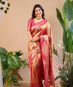 Load image into Gallery viewer, Pink Red Banarasi Silk Sarees With Price and Online Shopping Wear Collcetion Price Under 1500 . This Saree Fabric Banarasi Silk Saree Fully Gold Zari Weaving Work . This Saree Rajavadi Pattern and Rich Pallu Border zari weaving Work . 
