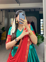 Load image into Gallery viewer, Red or Rama Color Poly Cotton Dhavani Set | Red Dupatta Half-Saree , Classic red Mysore silk lehenga with Pichwai print , Red lehenga set featuring zari weaving border and lace finish , Bridal red lehenga in rich Mysore silk with elegant flair , Designer red lehenga stitched with canvas and micro cotton inner , Red Pichwai print lehenga for traditional wedding wear .

