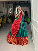 Load image into Gallery viewer, Red Poly Cotton Dhavani Set , Langa Voni and  Davani Set With Price and Online Shopping Price Under 1500 . this Fabric Poly Cotton Dhavani Set Chex With Zari Weaving Work and This Fabric Lehnga Stitching Stitch With Canvas Joint . This Fabric Soft and Smooth Cotton and Rich Border Price Under 1500 . 
