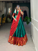 Load image into Gallery viewer, Graceful rama Mysore silk lehenga with Pichwai prints , Rama color lehenga with zari weaving border and lace finish , Stylish rama green lehenga for festive and wedding functions , Rama Mysore silk lehenga with stitched canvas and cancan , Designer rama lehenga set with floral Pichwai inspiration 
Ethnic rama green lehenga choli with plain dupatta , Rama color lehenga with soft micro cotton lining and flair , Rama Mysore silk lehenga with plain Banglory blouse combo .
