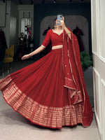 Load image into Gallery viewer, Red Pure Chanderi Dhavani Set | Langa Davani | Half Sarees Dhavani set with Price Under 2000 . This Fabric So That Plain Crafted and Pure Chanderi Dhavani Set . This Fabric Soft and Chill Fabric and Border Zari Weaving Work and Ric h Pallu with Blouse soft Chill Fabric..
