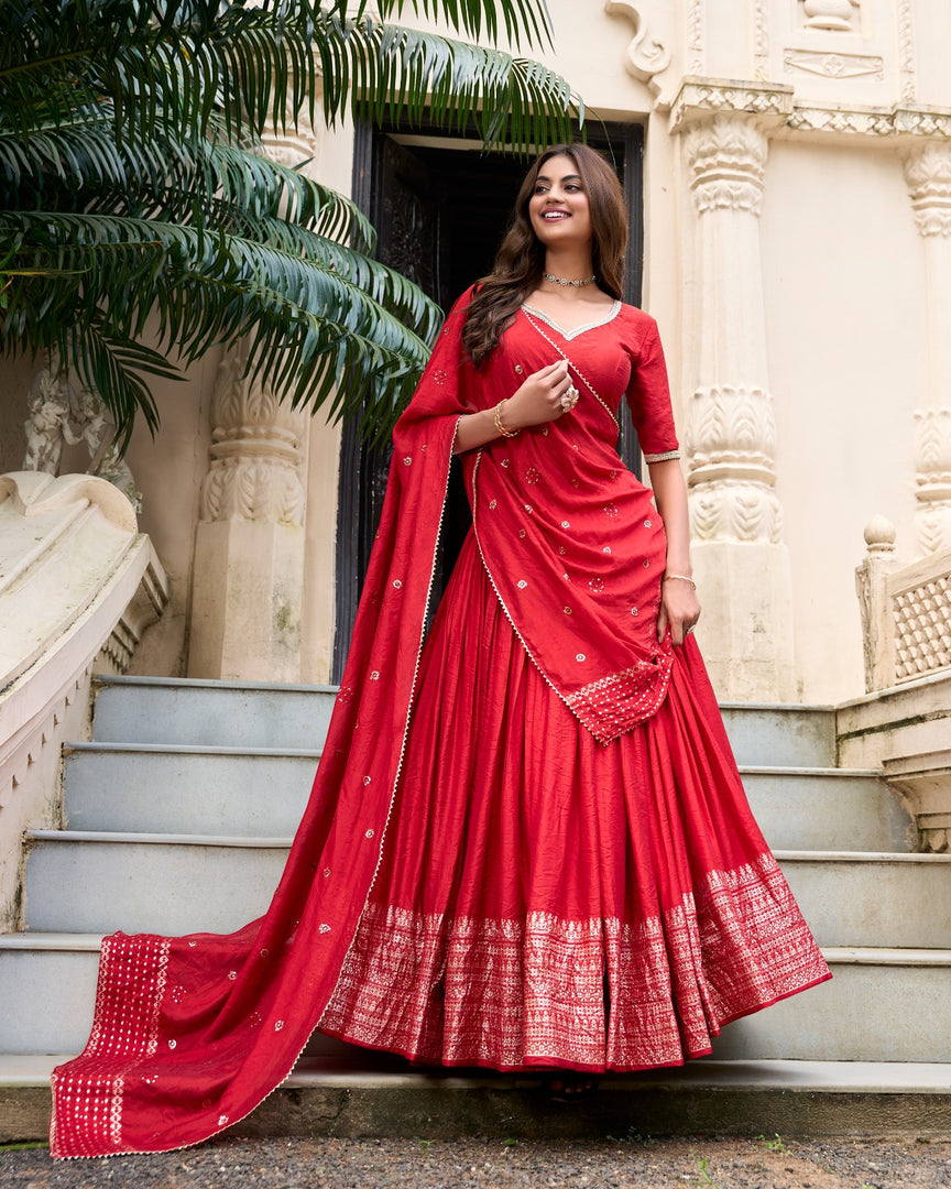 Red Pure Chanderi Dhavani Set | Langa Davani | Half Sarees Dhavani set with Price Under 2000 . This Fabric So That Plain Crafted and Pure Chanderi Dhavani Set . This Fabric Soft and Chill Fabric and Border Zari Weaving Work and Ric h Pallu with Blouse soft Chill Fabric..