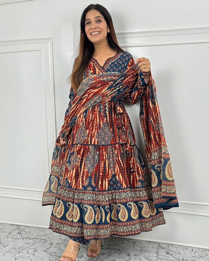 Red Pure Cotton Anarkali With Price and Online Shopping Price Under 1600 . This Fabric Pure Cotton  suit set with intricate handwork embroidery, block print, and a Mulmul dupatta. A versatile 3-piece set suitable for casual or festive wear.