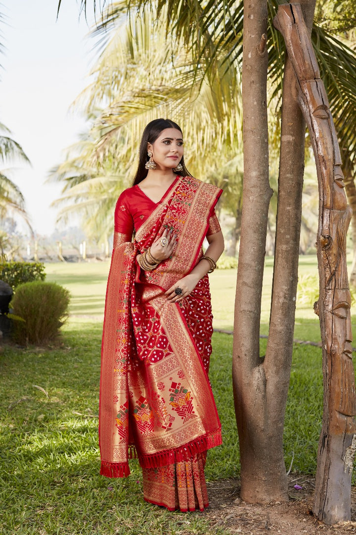 Red Pure Gharchola Bandej Silk Sarees With Price and Online Best Shopping Price Under 3000 . This Fabric Red Color Soft Silk Smooth and Very Expensive Silk Saree and Rajvadi Pattern and Patola Silk Saree , Rich pallu Premium Soft Fabric and Gold Zari Weaving Work . this Fabric Zari Weaving Work and Traditional Look 2024-25 . 