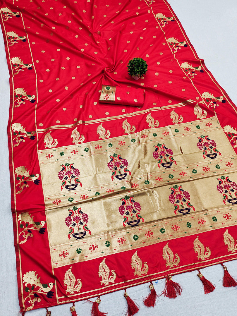 Red Soft Paithani Silk Sarees With Price and Online Shopping Price Under 2500 . This Saree MOst Famous For Party , Celebration and Durga Puja Special For this Saree . This Saree Traditional Look For 2024-25 . 