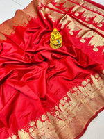 Load image into Gallery viewer, Excellent Rose Red Soft Silk Sarees With Price and Weddings Saree Online Shopping Price under 1500 . this Fabric Soft Silk Saree With Gold Zari Weaving Work Design Unique. Traditional Look 2024-25 . 
