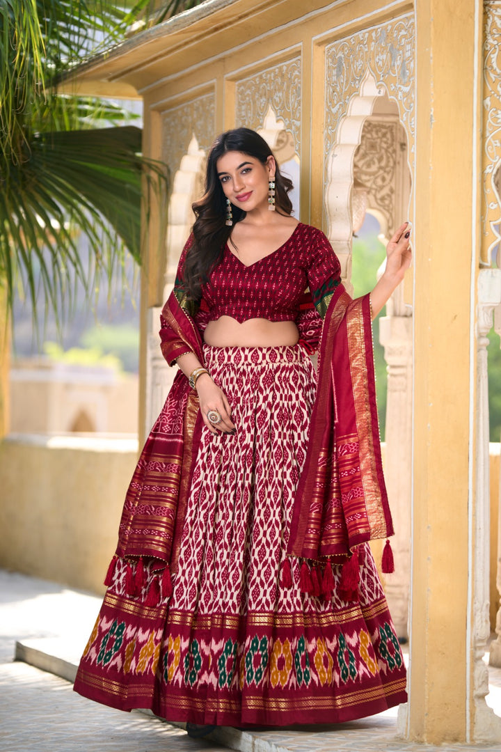 Red Tussar Silk Dhavani Set , Langa Voni and Davani Set WIth Price and Online Shopping Price Under 2000 . Floral luxury with this Tussar Silk Lehenga Set. Stitched lehenga with can-can, micro cotton lining, unstitched blouse, and a tassel-adorned dupatta make it the perfect festive wear . 