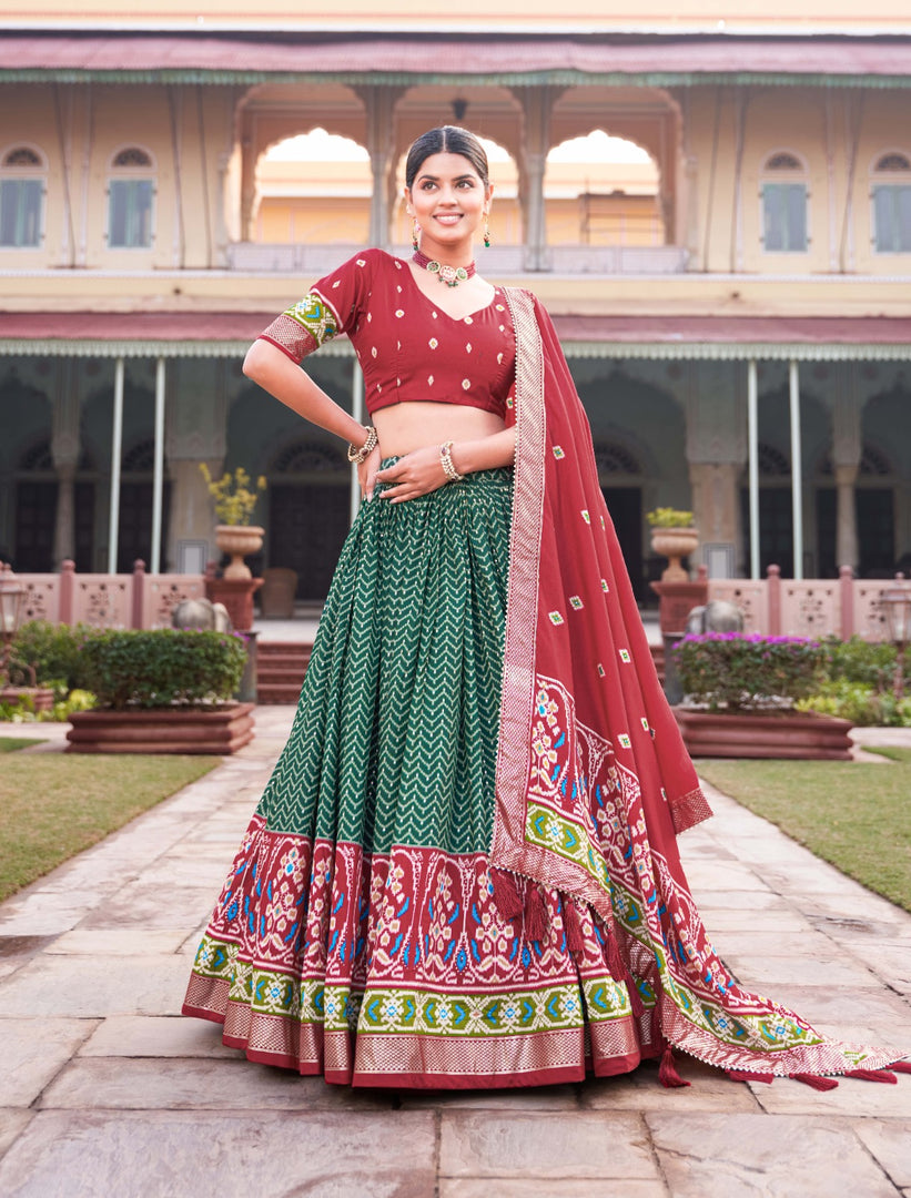 Red Tussar Silk Dhavani Set, Langa Voni , Half-Saree and Langa Voni With Price and Online Shopping Price Under 2000 . This Fabric Soft and Premium Fabric . This Green Tussar Silk Lehenga Rajavadi Pattern With Patola With Foil Print
This Lehenga Working Traditional Look For 2024-25 . This Lehenga Price Under 2000 .