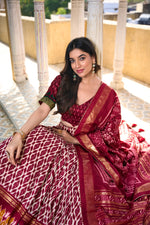 Load image into Gallery viewer, Red Color Tussar Silk Dhavani Set | Half-Saree | Langa Voni and Davani Set   Price and Online Shopping Price Under 1599 . Red Color Tussar Silk Dhavani Set with Ikkat Print With Foil Work - Shop Now at Shoppers Trend 
