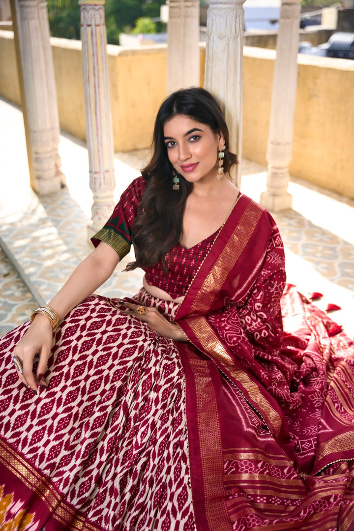 Red Color Tussar Silk Dhavani Set | Half-Saree | Langa Voni and Davani Set   Price and Online Shopping Price Under 1599 . Red Color Tussar Silk Dhavani Set with Ikkat Print With Foil Work - Shop Now at Shoppers Trend 