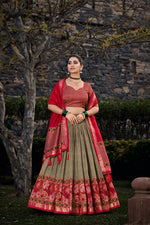Load image into Gallery viewer, Red With Brown Color Pure Tussar Silk Dhavani Set , Langa Voni ,  Weddings Special Best Wear Collection Price and Online shopping Price Under 2500 . This Fabric So Heavy and Lehenga Tussar Silk Fair 3.80 Meter and Work Printed With Foil Print , Dupatta Printed With Both Side Tassel and 2.5 Meter Fair , This Fabric Traditional Look For 2024-25 , 2025-26 .  
