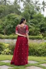 Load image into Gallery viewer, Embroidered Faux Blooming gown featuring Zari Sequins work. 54-inch length with 3.5-meter flair, full cotton lining, half sleeves, and round neck gown - Shop now Shoppers Trend
