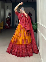 Load image into Gallery viewer, Red color silk lehenga with canvas and can-can finish , Stunning red Bandhej print lehenga with elegant zari lace , Red lehenga with rich ethnic motifs and soft lining , Red printed lehenga set for navratri and special events , Wedding red Bandhej lehenga for classic festive styling.
