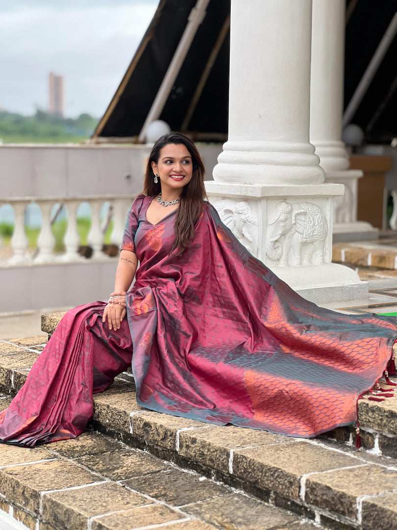 Rose Gold Colored Pure Soft Silk Saree With Blouse . rose gold pure soft silk saree online shopping price   of under 2000 . 