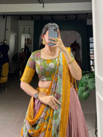 Load image into Gallery viewer, Rose Gold Dhavani Set | half-saree | dhavani Set | Shoppers Trend - Premium Dola Silk Dhavani Set featuring stitched Kalamkari printed lehenga with zari border, unstitched matching blouse piece, and tasseled dupatta.
