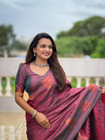 Load image into Gallery viewer, rose gold pure soft silk saree with price and for wedding, party , celebration in Soft Silk Saree . 
