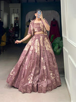 Load image into Gallery viewer, Rose Gold Tussar Silk Dhavani Set | Langa Voni | Davani Set With Price and Online Shopping Price Under 2000 . this Fabric Rose Gold Tussar Silk Dhavani Set For Weddings Wear Collection With Price 2000 , Step into elegance with a Tussar Silk lehenga featuring floral prints, a stitched blouse, and a lace-detailed koti. Perfect for festive occasions and celebrations ! Traditional Look For 2024-25 , 2025-26 .
