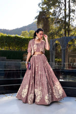 Load image into Gallery viewer, Rose Gold Tussar Silk Dhavani Set | Langa Voni | Davani Set With Price and Online Shopping Price Under 2000 . this Fabric Rose Gold Tussar Silk Dhavani Set For Weddings Wear Collection With Price 2000 , Step into elegance with a Tussar Silk lehenga featuring floral prints, a stitched blouse, and a lace-detailed koti. Perfect for festive occasions and celebrations ! Traditional Look For 2024-25 , 2025-26 .
