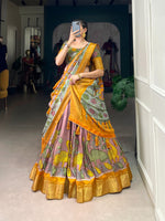 Load image into Gallery viewer, Rose Gold and Pure Gold Color Dola Silk Langa Voni , Davani Set , Half-Saree and Dhavani Sets With Price and Online Shopping Price Under 2000 . Make a statement with this Kalamkari Lehenga crafted in Dola Silk. Includes a flared lehenga, printed blouse, and a Zari-bordered dupatta with tassels. Perfect for weddings and festive celebrations . Traditional Look 2024-25 , 2025-26 .
