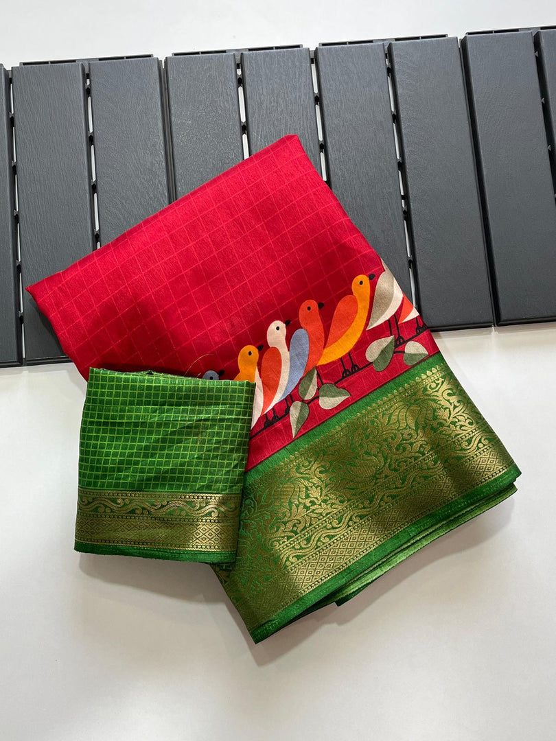 Rose Red soft dola silk sarees with price and online shopping price under 1000 . this red colour perrot design and green color border with gold zari weaving saree  design most rare case Show and this fabric red soft dola silk saree for weddings .