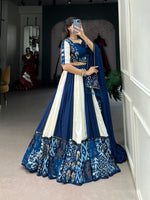 Load image into Gallery viewer, Royal Blue Color Plain And Printed With Paper Mirror Work Lace And Gota Patti Touch Up Work  , Blue Rayon Lehenga with Mirror Work , Elegant Blue Lehenga Choli , Designer Blue Lehenga for Festivals
, Blue Printed Lehenga with Dupatta
, Party Wear Blue Lehenga Set , Stylish Blue Rayon Lehenga , Blue Lehenga Choli for Engagement , 
Traditional Blue Lehenga for Women
, Blue Lehenga with Paper Mirror Lace , Blue Color Festive Wear Lehenga .
