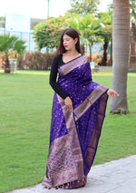 Load image into Gallery viewer, Light blue pure soft silk sarees WIth  Black Blouse Fully Slive . this Fabric 
Blue pure soft silk sarees with price
Royal Blue Silk Saree in Most Tradition Look 2024-25
