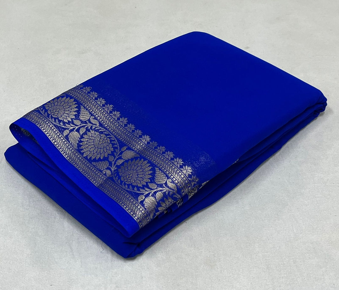 Royal Blue Color Saree Made From Viscose Silk Fabric And His Work Was Pure Zari Weaving From Banaras. Weaving Hub Is Banaras 