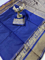 Load image into Gallery viewer, Dark blue soft silk saree with bold jacquard design , Navy blue lichi silk saree for wedding and events , 
Premium dark blue jacquard saree in soft silk fabric , Elegant dark blue saree for classic ethnic wear , Traditional navy lichi silk saree with zari border , Luxurious dark blue saree with soft drape and rich texture , Latest design dark blue lichi silk saree for festive wear .
