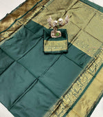 Load image into Gallery viewer, Traditional dark green silk saree with rich jacquard weaving , Dark green lichi silk saree for weddings and festivals , Classic green saree with jacquard work and soft silk finish , Elegant dark green saree for ethnic celebrations , Rich dark green silk saree with contrast blouse , Buy dark green lichi silk sarees with premium drape .
