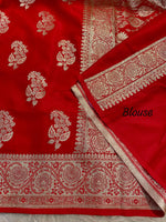 Load image into Gallery viewer, Pure Red Satin Silk Sarees With Price and Best Online Shopping Price Under 2500 . Highlight the luxurious and smooth texture of satin silk Fabric . This Saree the bold and vibrant red color.

