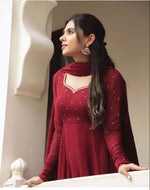 Load image into Gallery viewer, Embroidered red Georgette Anarkali with sweetheart neckline and full sleeves. 52-55&quot; length. Includes matching dupatta Suit Set Anarkali - Shop Now Shoppers Trend
