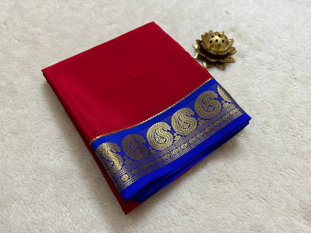 Royal Red semi mysore silk saree | heavy blue border with zari weaving Work - Heavy Zari weaving work , Bridal red with blue Mysore Silk Saree Shop Now Shoppers Trend 