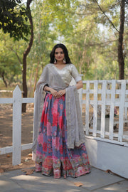 Silver Digital Printed Faux Georgette Heavy Sequins Dhavani Set and Langa Voni With Price and Online Shopping Price Under 3000 . This fabric Digital Printed Faux Georgette Lehenga Set. Featuring heavy sequins and thread embroidery, a can-can stitched lehenga, an unstitched blouse, and an embroidered dupatta, it's perfect for weddings and festive celebrations .