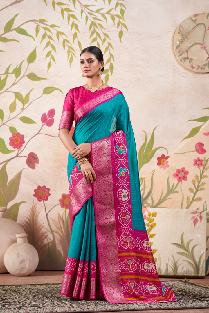 Sky Tussar Checks Sarees price and Online Best Shopping Price under 1500  . This Best Choise Sky Saree in Pink Border with Silver Zari Weaving Work . 